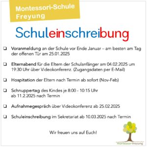 Schuleinschreibung Schulanfänger Vorschule Kindergarten Freyung Waldkirchen Grafenau Montessori